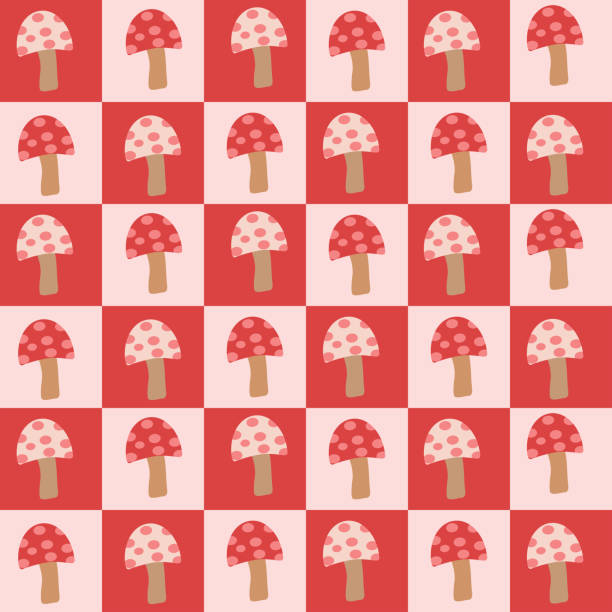 ilustrações, clipart, desenhos animados e ícones de cogumelos bonitos em quadrados vermelhos e vermelhos perfeitamente. - mushroom edible mushroom red botany