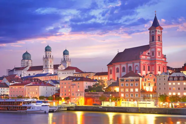 Danube river and the old town in Passau, St. Stephans dome and St. Paul church