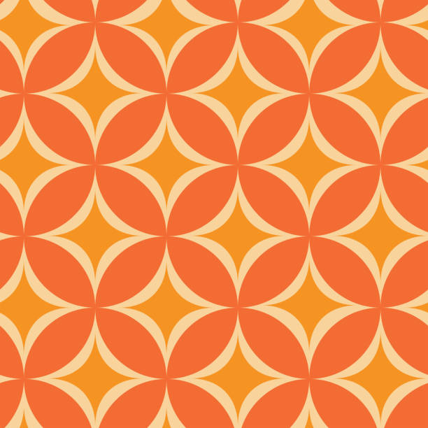 미드 센추리 모던 아토믹 스타는 오렌지 원에 매끄러운 패턴을 터뜨립니다. - 1960s style 1970s style seamless wallpaper pattern stock illustrations