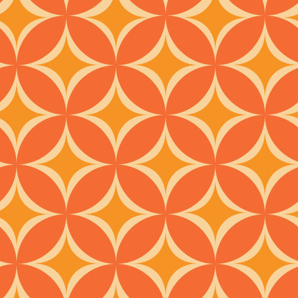 Mid Century Modern Atomic Starbursts seamless pattern on orange circles. Mid Century Modern Atomic Starbursts seamless pattern on orange circles. For home décor, wallpaper and textile. illusion pattern circle image created 1960s stock illustrations