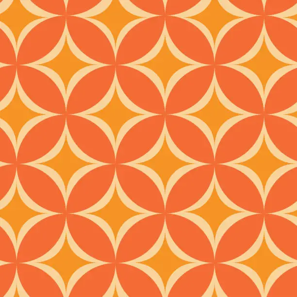 Vector illustration of Mid Century Modern Atomic Starbursts seamless pattern on orange circles.