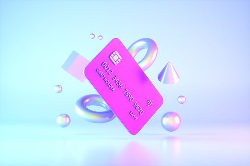 Credit card on neon lighting background, 3d render.