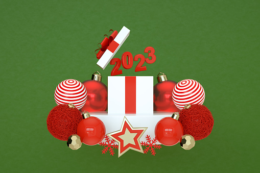 3d render, Snowman, Christmas new year ornaments, white podium, abstract green background.