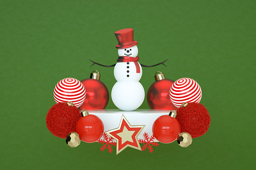 3d render, Snowman, Christmas new year ornaments, white podium, abstract green background.