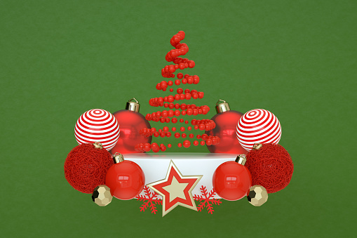 3d render, Christmas tree, new year ornaments, white podium, abstract green background.