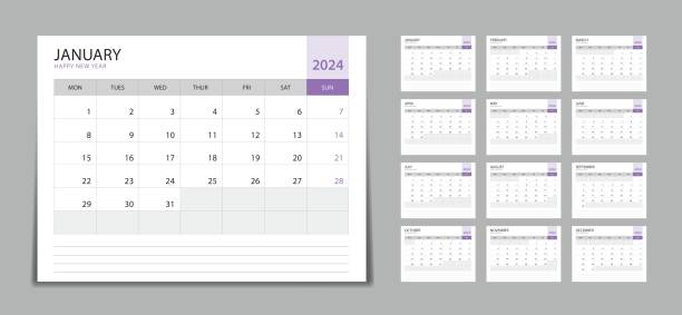 illustrations, cliparts, dessins animés et icônes de modèle de calendrier mensuel pour l’année 2024, calendrier de bureau 2024 set, la semaine commence le lundi, calendrier mural 2024 dans un style minimaliste, set de 12 mois, planificateur, modèle d’impression, vecteur organisateur de bureau - calendrier 2024