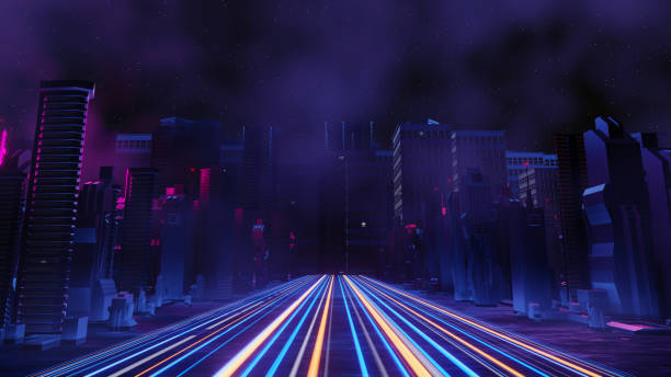 3d render of Cyber punk night city landscape concept. Light glowing on dark scene. Night life. Technology network for 5g. Beyond generation and futuristic of Sci-Fi Capital city and building scene. renderizado 3d del concepto de paisaje de la ciudad nocturna cyber punk. luz que brilla en la escena oscura. vida nocturna. red tecnológica para 5g. más allá de la generación y futurista de la ciudad capital de la ciencia ficción y la escena del edif