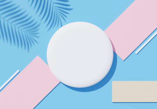 istock 3d render top view of white blank cylinder frame for mock up and display products with shadows of palm leaves, earth tone, and violet wall background. Creative idea concept. Widow shadow. 1433603157