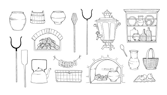 Vector linear illustrations - old style kitchen. Authentic oven, stove interior, samovar, tong, vintage pots, earthenware, firewood. Hand drawn elements. Perfect for menu, delivery, articles, blogs