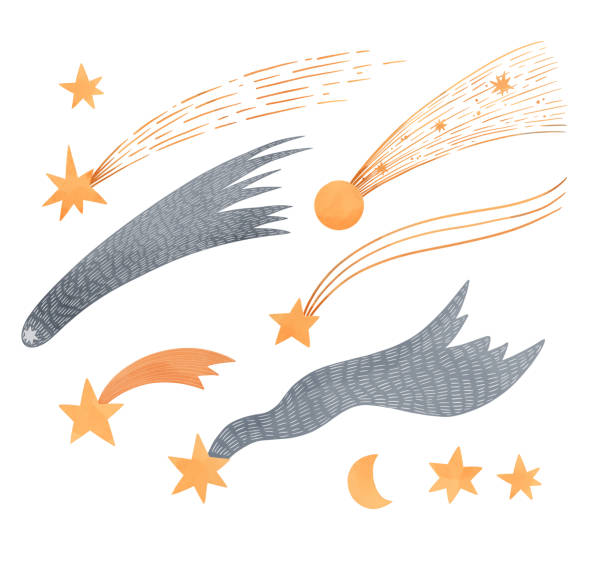 Hand drawn cartoon illustrations - space and stars. Sky full of stars. Watercolor comets. Solar system with magical motifs and constellations. Perfect for home decor, print, baby fabric, kids room