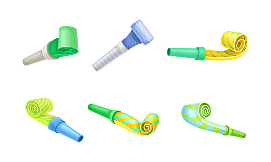 Bright Party Whistle as Birthday Toy and Accessory for Blowing and Making Sound Vector Set. Festive and Holiday Celebration Symbol Concept