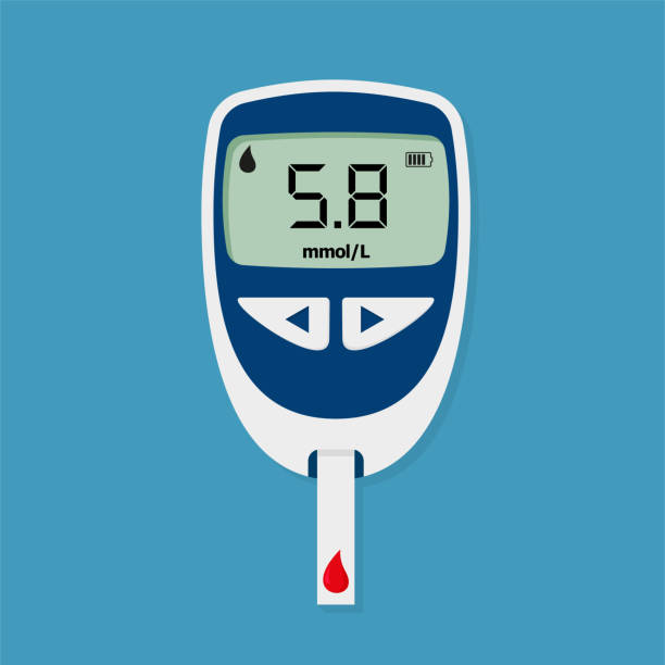 glucometer. medical equipment for diabetes diagnosis. blood glucose meter level test. checking blood sugar level by glucometer and test stripe at home. vector illustration. - glükomere stock illustrations