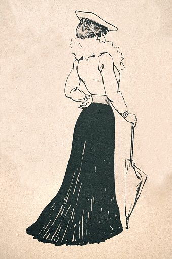Vintage illustration by Henry Gerbault, young woman wearing long skirt and blouse, Belle Époque period, French 1890s, 19th Century