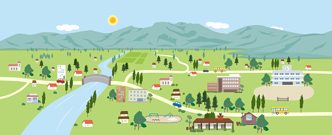 Landscape background illustration with mountains, rivers and towns