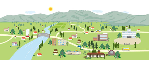 пейзажная фоновая иллюстрация с горами, реками и городами - rural town stock illustrations