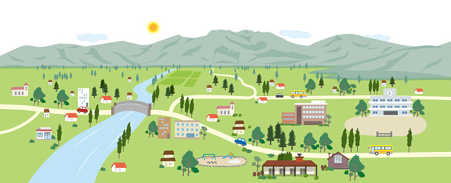 Landscape background illustration with mountains, rivers and towns