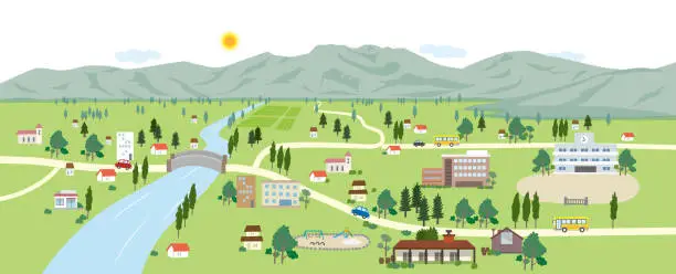 Vector illustration of Landscape background illustration with mountains, rivers and towns