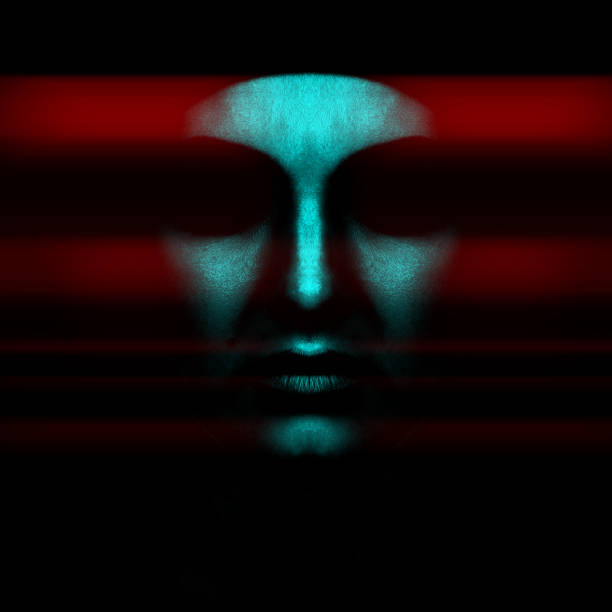 silueta de rostro de mujer abstracta y de aspecto aterrador que se esconde en la sombra en efecto de división de color rgb - statue human face women human skin fotografías e imágenes de stock