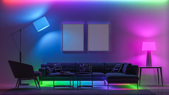 Multicolored lighting in livingroom. 3D render