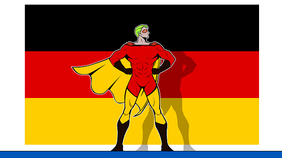 A retro pop art style vector illustration of an German Superhero Standing in Power Pose with German Flag in the background. Wide space available for your copy, or put a logo or text on the chest.