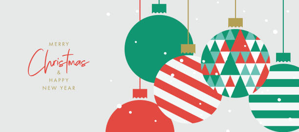 frohe weihnachten und ein frohes neues jahr, grußkarte, poster, weihnachtscover, kopfzeile. modernes weihnachtsdesign mit dreiecks-tannenmuster in grünen, roten, weißen farben. weihnachtsbaum und bälle dekoration - weihnachtskugel stock-grafiken, -clipart, -cartoons und -symbole