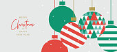 istock Merry Christmas and Happy New Year banner, greeting card, poster, holiday cover, header. Modern Xmas design with triangle firs pattern in green, red, white colors. Christmas tree and balls decoration 1433612661