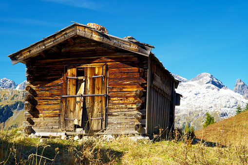 Wooden farmers hut in the austria lechtal in Tirol in the fall