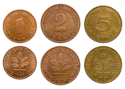 Coins of West Germany (FRG). 1 pfennig 1984, 2 pfennig 1978, 5 pfennig 1981