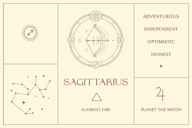 Sagittarius Zodiac Sign Design Illustrations. Esoteric Vector Element, Icon Sagittarius Zodiac Sign Design, Esoteric Abstract Illustration, Mystic Spiritual Symbols, Icons. Astrology, Moon and Stars, Magic Esoteric Art. dream believe tattoo stock illustrations