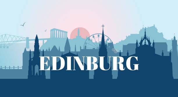 ilustrações, clipart, desenhos animados e ícones de silhueta skyline de edimburgo com marcos. panorama de ilustração de vetor plano da arquitetura da cidade do reino unido para banner ou site. - edinburgh scotland castle skyline