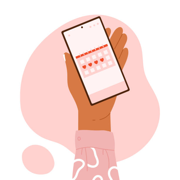 Woman hand holding the phone with menstruation cycle calendar tracker. Phone app. Critical days and women's health care. Vector illustration in cartoon style. Isolated white background Woman hand holding the phone with menstruation cycle calendar tracker. Phone app. Critical days and women's health care. Vector illustration in cartoon style. Isolated white background menses stock illustrations