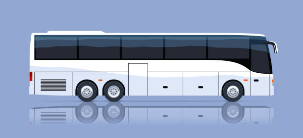 Intercity or tourist bus. Icon of travel autobus on blue background. Side view of white coach vector art illustration