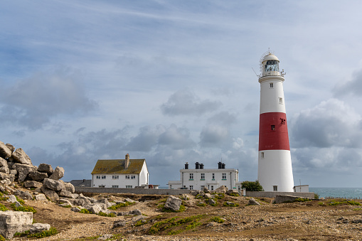 A view of the Portland Bill Lighthouse and Vistors Center on the Isle of Portland in southern England