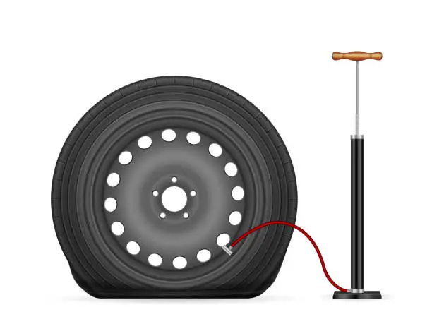 Vector illustration of Hand air pump and flat tire