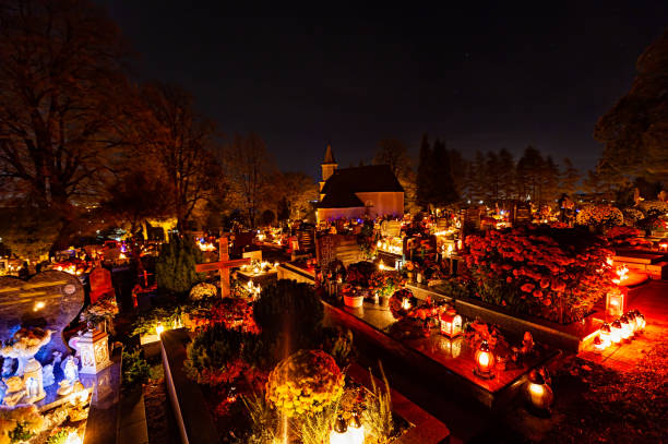 Traditional candles on cemetery at All Saints' Day in Slovakia