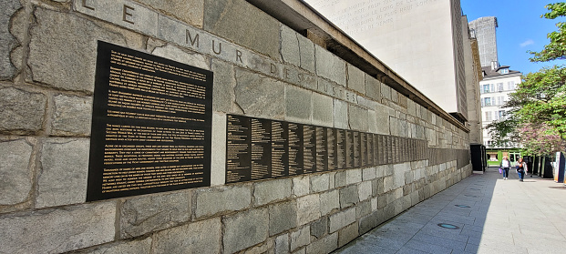 The wall of the Righteous - Holocaust Memorial - Alley of the Righteous Le Marais, France. April 25, 2022.