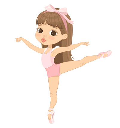 Cute Caucasian Ballerina Girl Dancing. Little Brown Haired Girl Wearing Pink Training Dancewear. Dance Gymnastics Training. Ballerina Costume