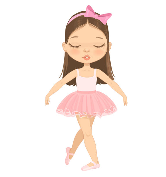 süßes braunes haar ballerina mädchen mit geschlossenen augen tanzen. kleines kaukasisches mädchen in rosa tutu-kleid und pointe. vektor - ballettröckchen stock-grafiken, -clipart, -cartoons und -symbole