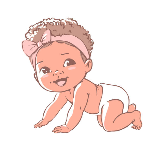 おむつでかわいい女の子の赤ちゃん。3-12ヶ月のアクティブな赤ちゃん。1年目の赤ちゃんの発達。黒い肌の新生児が這い回り、微笑んでいる。幸せな健康な赤ちゃんアフリカの民族。カラー� - newborn baby african ethnicity little girls点のイラスト素材／クリップアート素材／マンガ素材／アイコン素材
