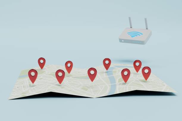 istock addresses on the map where you need to distribute Wi-Fi. map with jps points and router on a white background. 3D render 1433641868