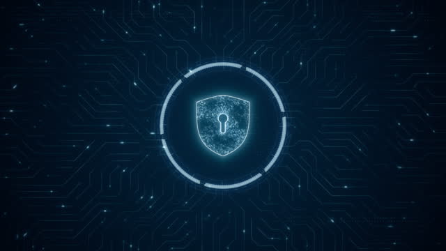 Motion graphic of Blue digital security shield logo and futuristic technotogy circle HUD with circuit board and data transfer on abstract background network secure concept