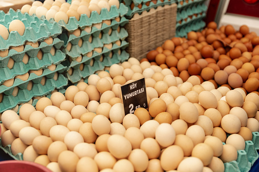 Organic farm eggs on market store