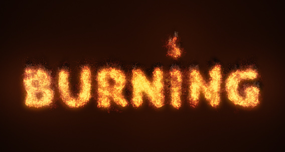 Fiery letters spell out the word BURNING.