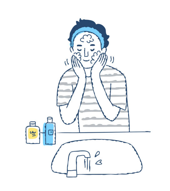 若い男性の顔を洗う - bathroom sink illustrations点のイラスト素材／クリップアート素材／マンガ素材／アイコン素材