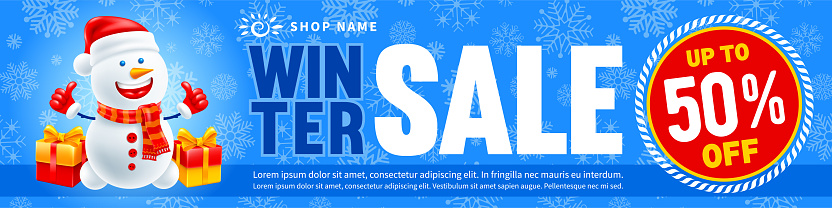 Christmas and New Year holidays winter sale. Advertising banner template with cute snowman, smiling and showing thumbs up, snowflakes and gifts on blue background, place for text. Vector illustration