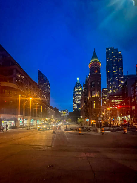 Historical place Gooderham Building in the evening, Toronto, Canada Ontario, Canada. flatiron building toronto stock pictures, royalty-free photos & images