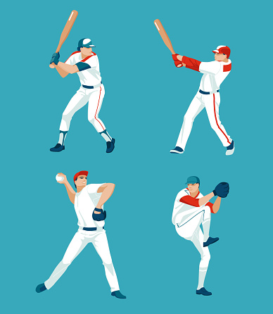 Set of a players of a baseball team with bats and gloves. The nature of the sports game. Isolated. Vector flat illustration. USA flag colors.