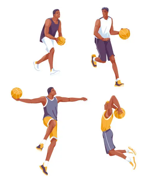 Vector illustration of Set of different players of the basketball team jump with balls. Flat vector illustration.