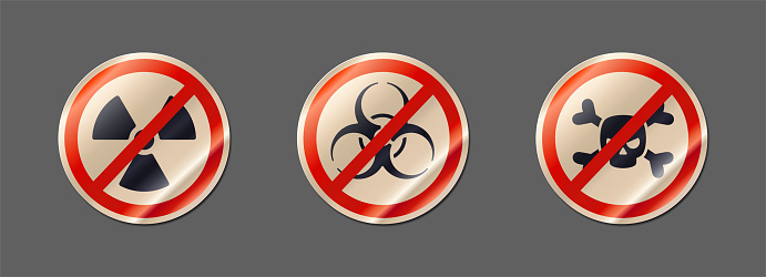 Forbidding red signs skull and bones, biohazard symbol and nuclear sign paper sticker with a bend vector illustration