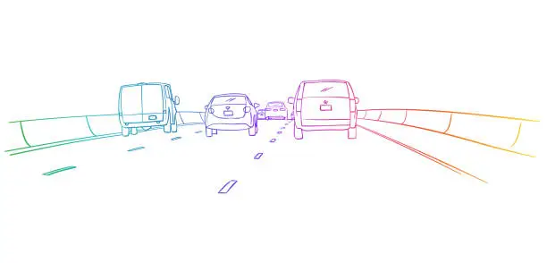 Vector illustration of Cars Driving Down The Road Rainbow